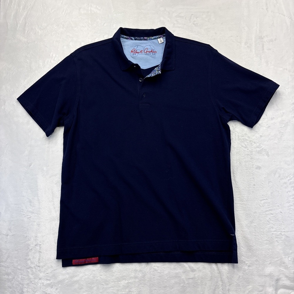 Robert Graham Skull Logo Polo Mens XL Navy Blue Classic Fit Floral Trim Cotton